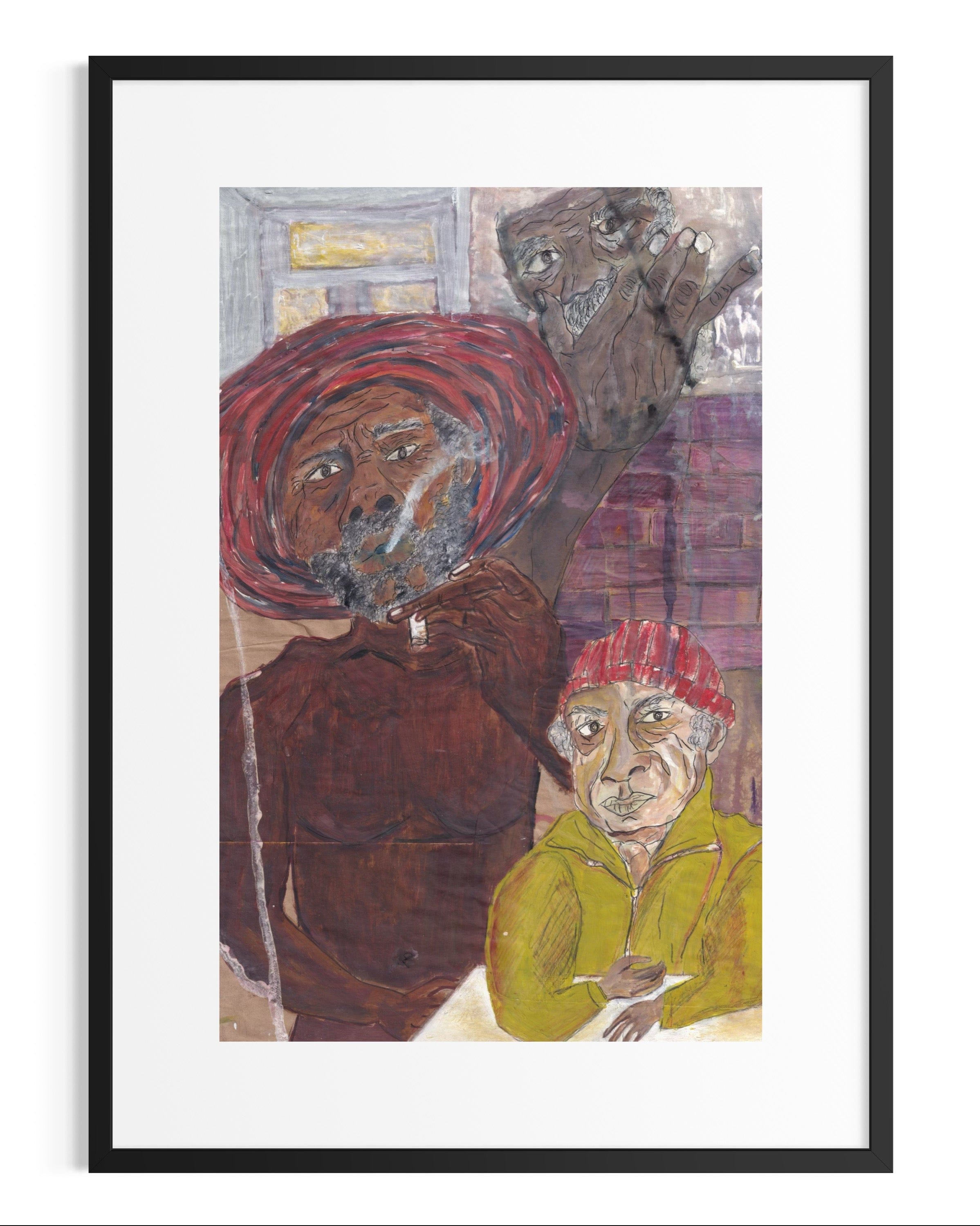 Framed artwork of two figures with a black frame